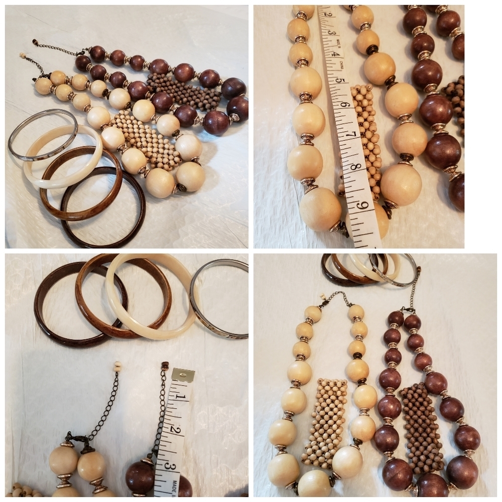 Boho Artisan Wooden Jewelry Set 2Necklaces 2 Bracelets Ivory Browns +4 Gifts New - Picture 9 of 10